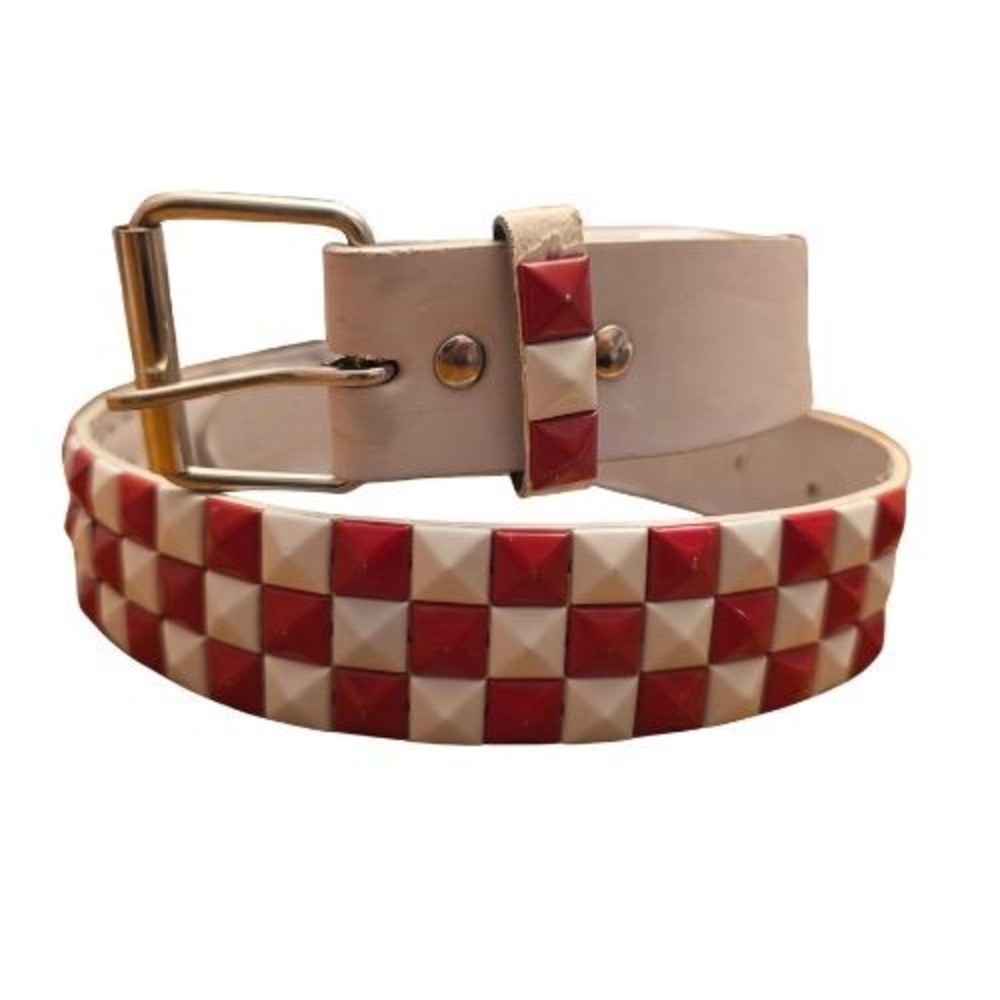 Red White Checkered Pyramid Stud Belt Punk Rock Emo Scene 3 Row Studded White